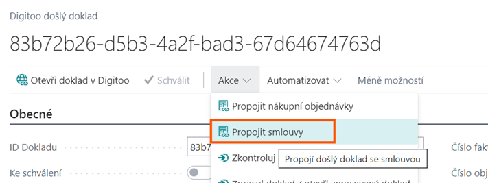 Akce Propojit smlouvy v Digitoo došlém dokladu v BC