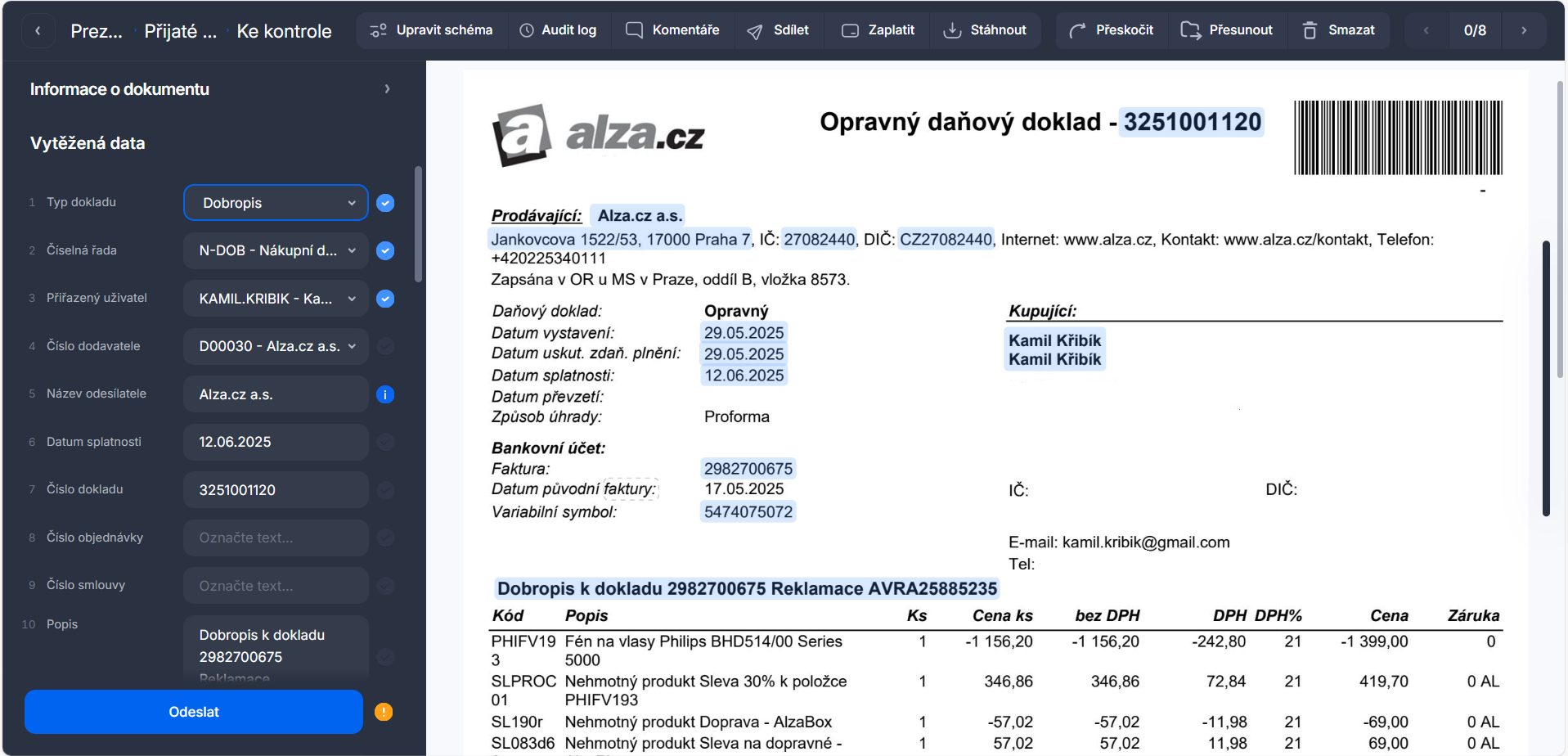 Doklad a metadata dokladu v Digitoo.ai