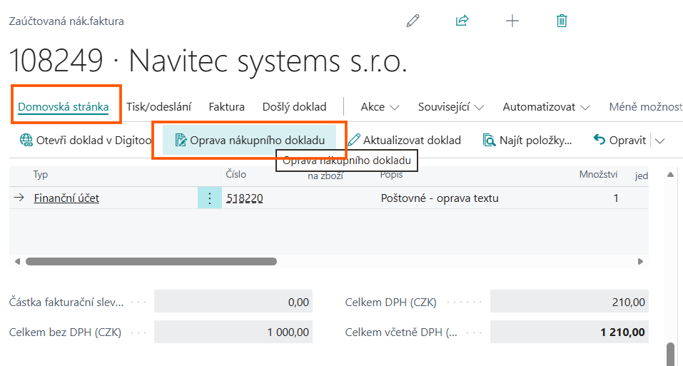 Akce Oprava nákupního dokladu na zaúčtované nákupní faktuře