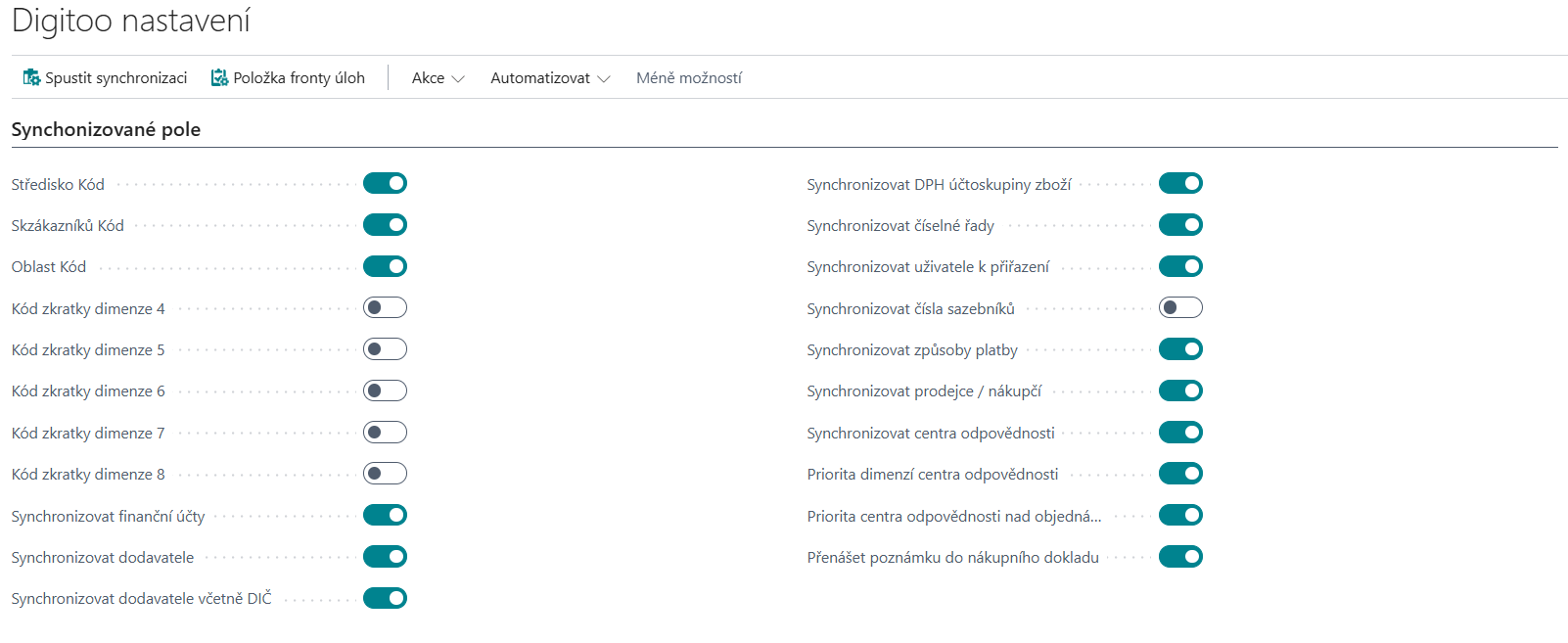 Nastavení synchronizovaných polí v Digitoo nastavení v BC