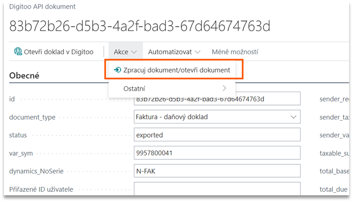 Akce na zpracování Digitoo API dokladu v BC
