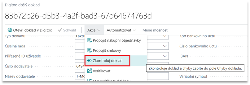 Akce Zkontroluj doklad v Digitoo došlém dokladu v BC