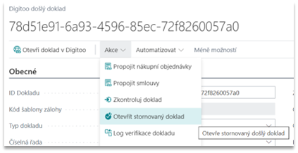 Akce Otevřít stornovaný doklad v Digitoo došlém dokladu v BC