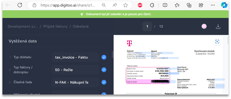 Prohlížení dokladu v Digitoo.ai