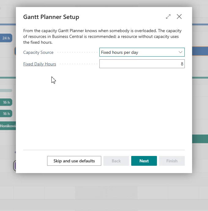 Setup wizard – capacity source