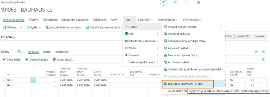 Akce EDI Odeslat potvrzení PO NTC na prodejní objednávce