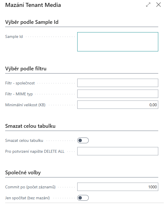 Report Tenant Media Cleanup — všechny možnosti výběru