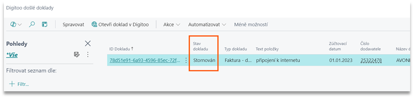 Digito došlé doklady ve stavu Stornován v BC