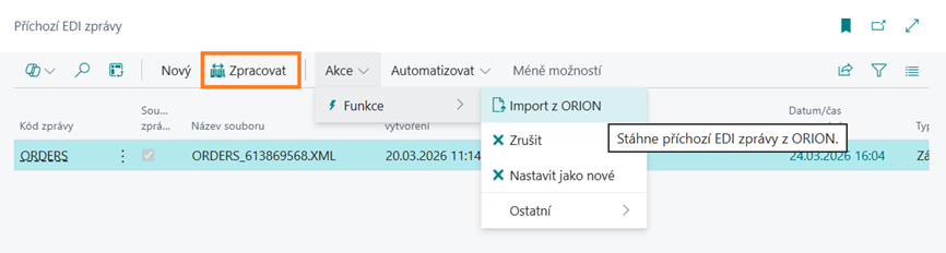 Akce Zpracovat v příchozích EDI zprávách