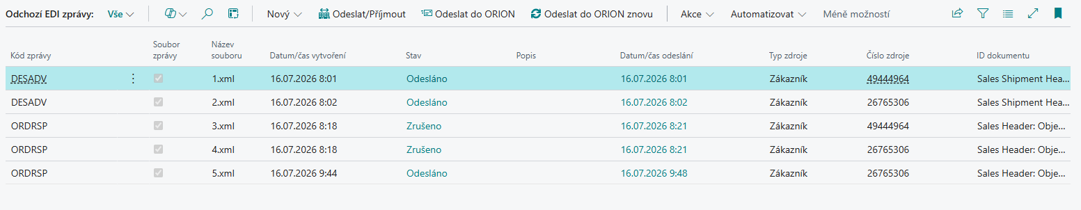 Seznam odchozích EDI zpráv