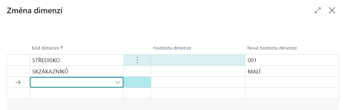 Dialog Změna dimenzí na řádku dokladu