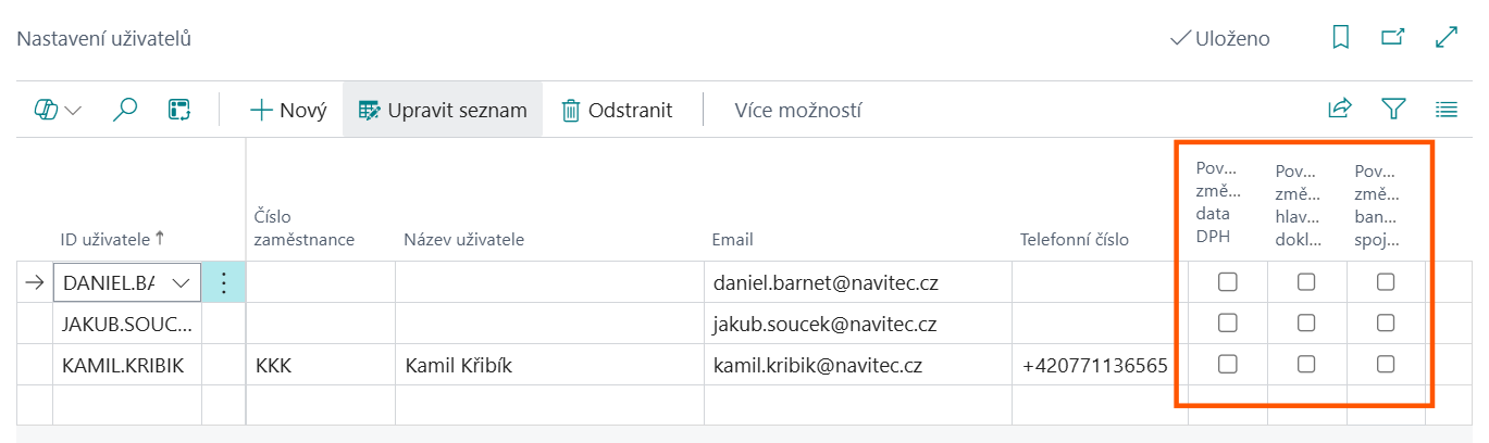 Nová pole na kartě Nastavení uživatele