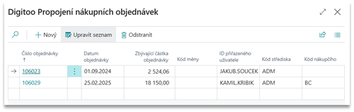 Seznam propojených objednávek v Digitoo došlém dokladu v BC