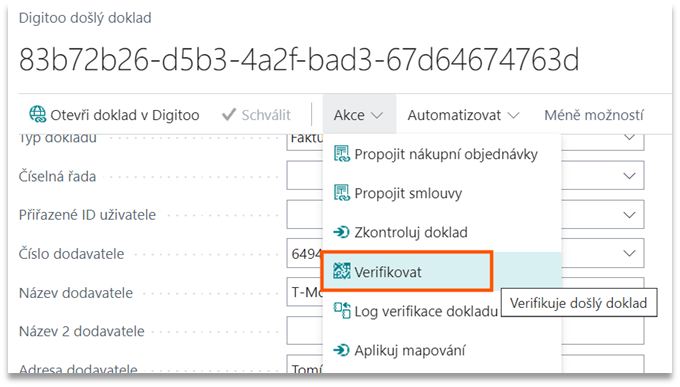 Akce Verifikovat v Digitoo došlém dokladu v BC