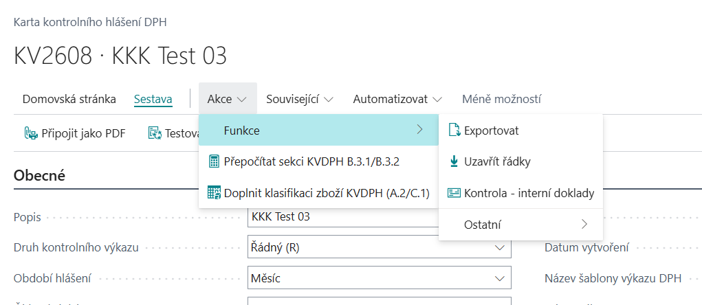 Akcia Exportovať XML na karte kontrolného výkazu