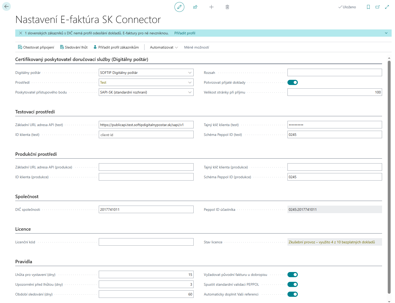 Karta Nastavení E-faktúra SK Connector
