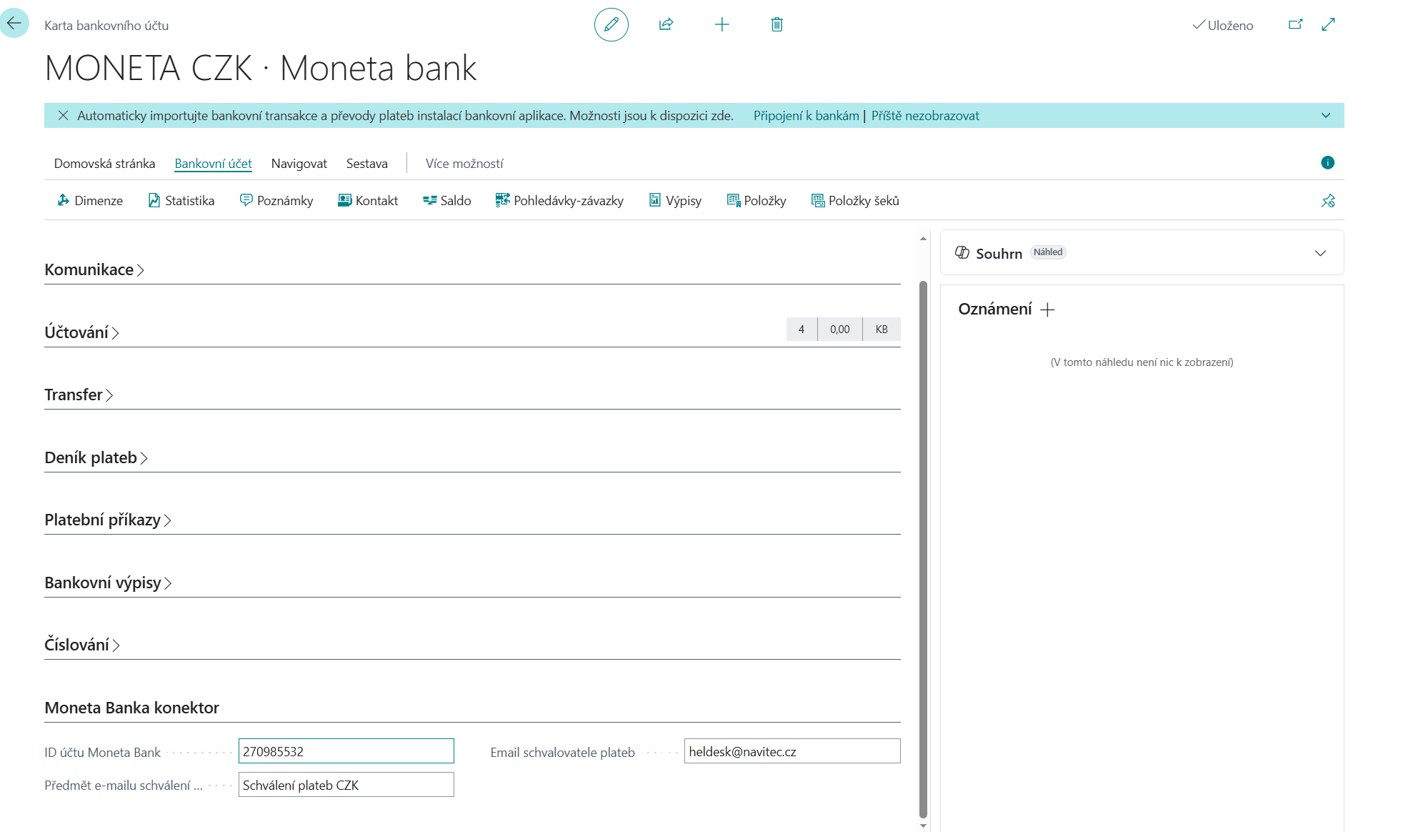 Karta bankovního účtu – záložka Moneta Banka konektor
