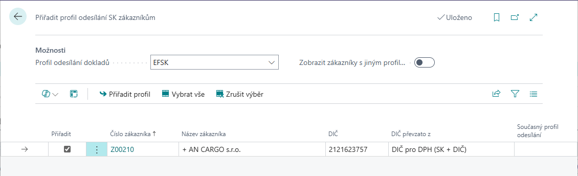 Přiřadit profil odesílání SK zákazníkům