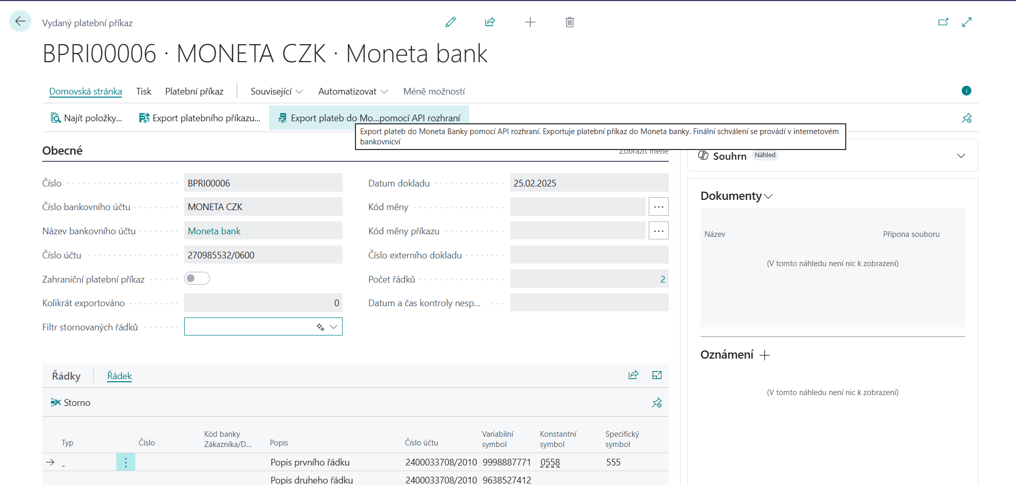 Akce Export plateb do Moneta Banky pomocí API rozhraní na vydaném platebním příkazu
